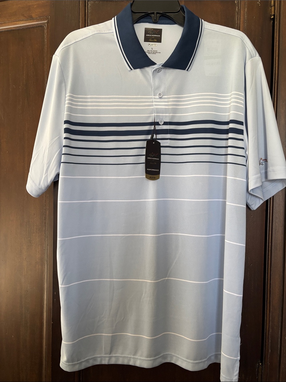 Greg Norman for Tasso Elba Perfomance Men's Light Blue Striped Polo Large